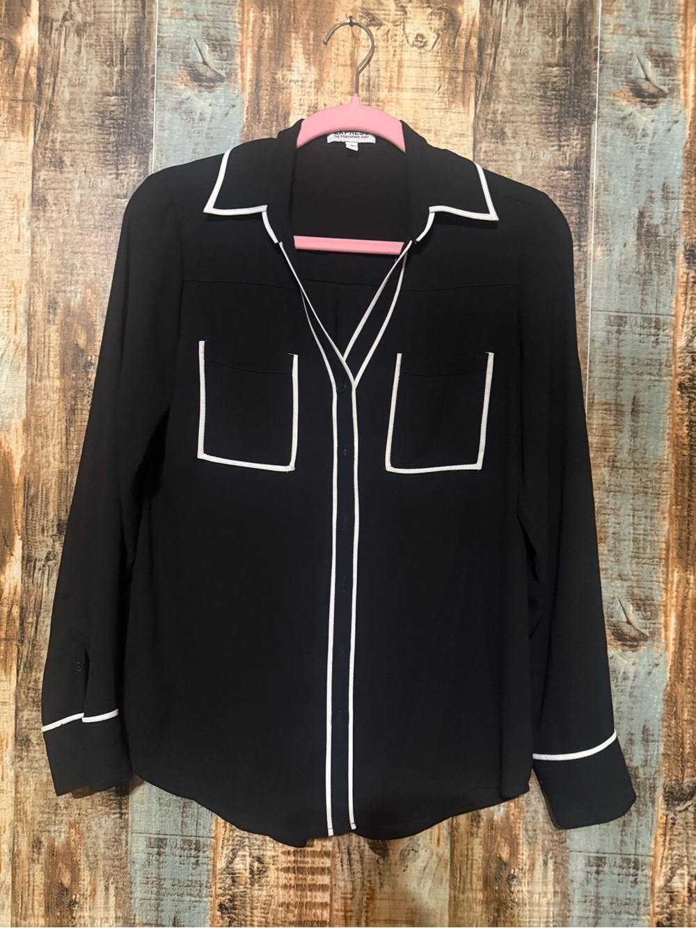 Express Black Button-Front Blouse with White Piping